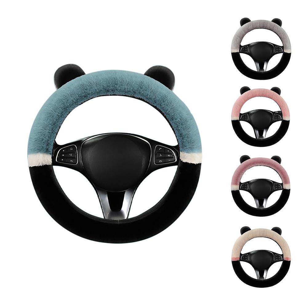 Чехол на руль автомобиля для зимы, теплый, пушистый, мягкий, плюшевый, милый, в форме ушей панды, защитный чехол на руль, декоративный чехол для интерьера