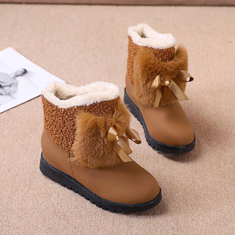 Женские ботинки 2024 года, зимние ботинки, модные мягкие зимние ботинки, короткие ботинки без застежек, милые женские ботинки с бантом, сохраняющие тепло, нескользящие ботинки