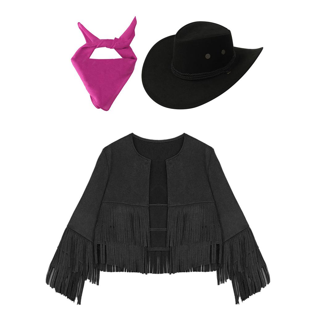 3Pcs Cowboy Costume for Kids Unisex, Fringe Vest Set with Hat & Bandana, Western Cowgirl Halloween Dress Up Outfit