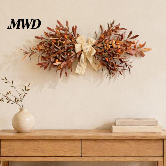 Seasonal Harvest Door Decor 23.6" Artificial Olive Wreath, Faux Fall Leaf Teardrop Swag, Autumn Hanger Foliage for Wreath with Burlap Bow Thanksgiving