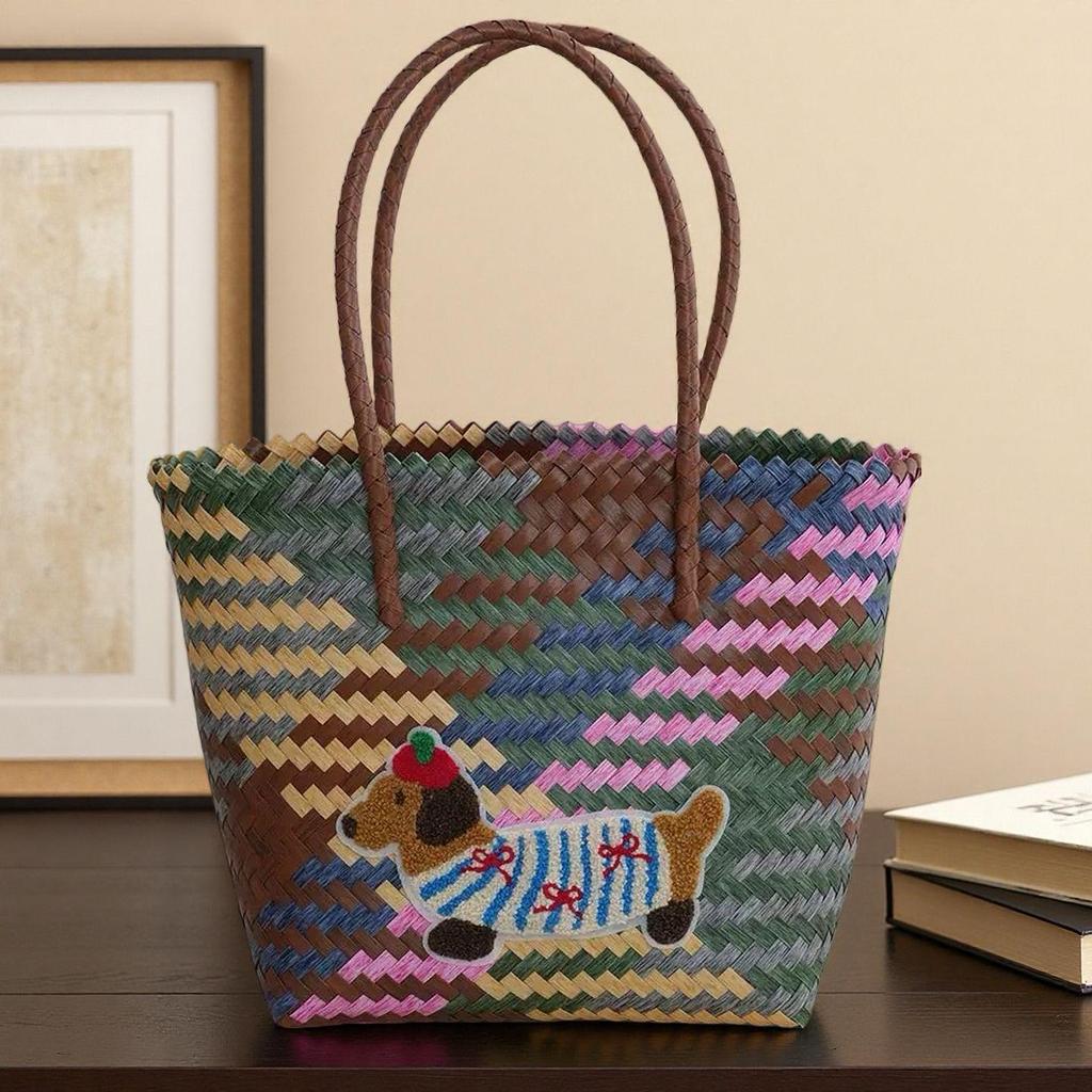 Плетеная сумка-тоут для щенка таксы с бамбуковой ручкой, винтажная пляжная сумка