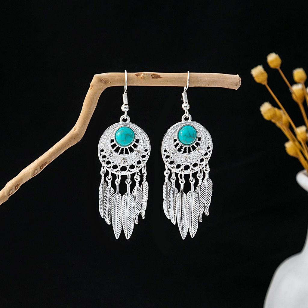 European and American Retro Ethnic Style Turquoise Earrings, Hollow Ring Flower Fringed Earrings, Owl Water Drop Earrings