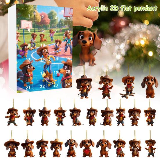 Календарь ожидания Рождества с собакой таксой 2025 24 дня Календарь обратного отсчета до Рождества с 2D акриловыми подвесными украшениями в виде таксы для декора елки