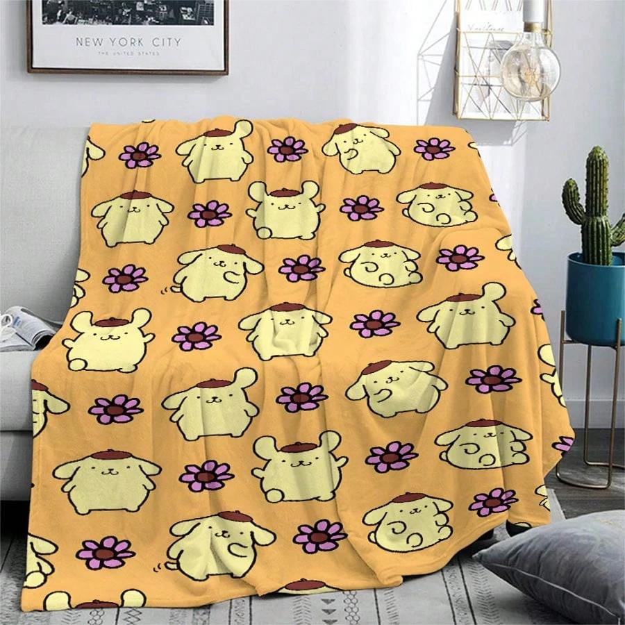 1pc Sanrio Pompompurin Floral Flannel Blanket 2D Print All Season Bedroom Living Room Camping Throw Gift