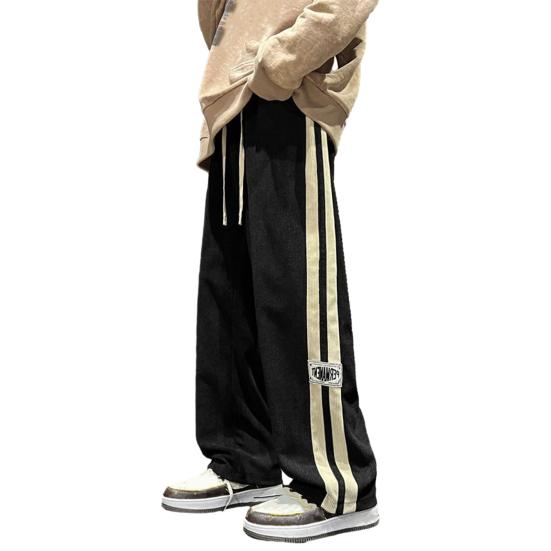 Men Pants Drawstring Elastic Waist Wide Leg Striped Retro Solid Color High Street Full Length Loose Soft Breathable Men Sweatpants Trousers