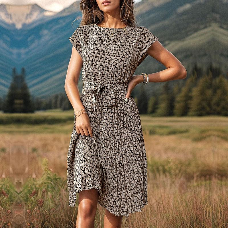 Summer Women's Dress Round Neck Elegant Fashion Printed Pleated Dresses
