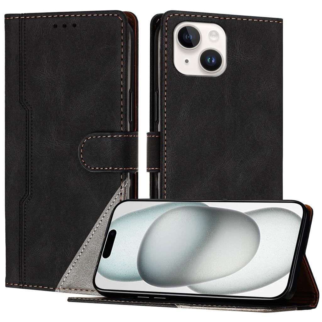 For iPhone 15 Leather Case Triangle Patchwork Wallet Stand Shockproof Phone Cover