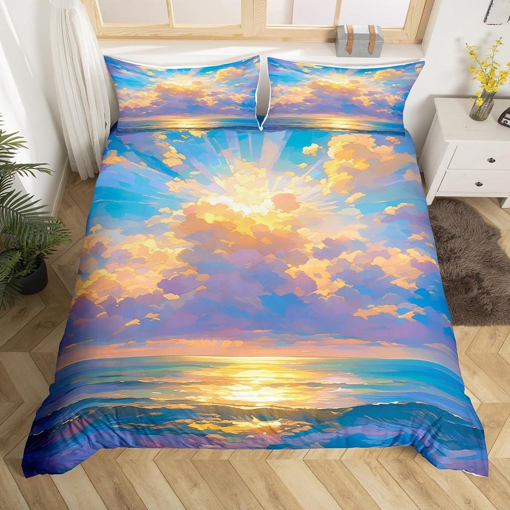 Sunrise Sunset And Sea Duvet Cover Sets For Teens Lightweight Quilt Covers Sea Coastal Nature Pattern Bedding Set Bedroom Decor