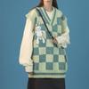 Korean Style Plaid Green Sweater Vest Women Vintage Cartoon Print Knitted Jumper Female Sleeveless V-neck Autumn Tops