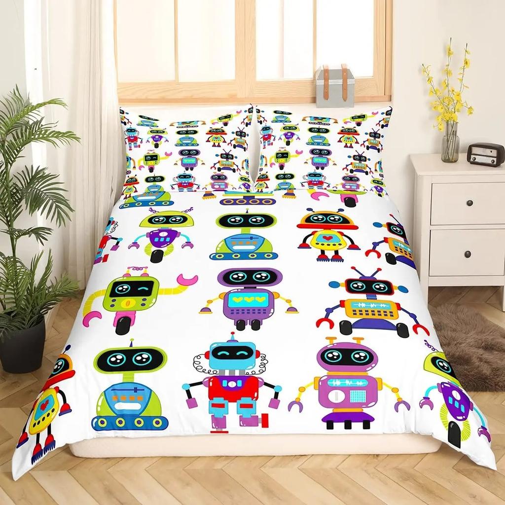 Boys Cartoon Robot Rocket Duvet Cover King Queen Size,Kids Spaceship Bedding Set 3Pcs Starry Galaxy Universe Planet Quilt Cover
