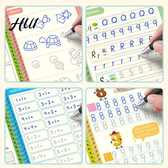 Kids Writing Practice 4Pcs Grooved Book with Pens Refills Pencil Gripper Reusable Handwriting Workbooks Alphabet Tracing Learning Children Workbook