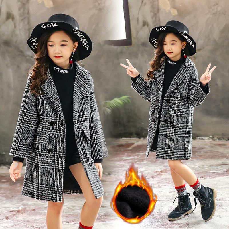Осенне-зимнее детское пальто в клетку с узором «гусиная лапка» для девочек среднего и большого размера, теплое толстое пальто