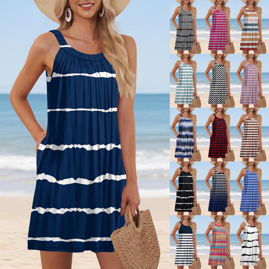 Ladies Fashion Beach Vest Casual Summer Stripe Print Dress With Pocket Straps