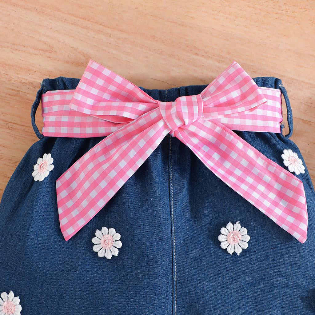 Новая детская одежда 2-8 лет, модный костюм для девочек, топ + джинсовая одежда с короткими рукавами, 2 шт., футболка с короткими рукавами для девочек