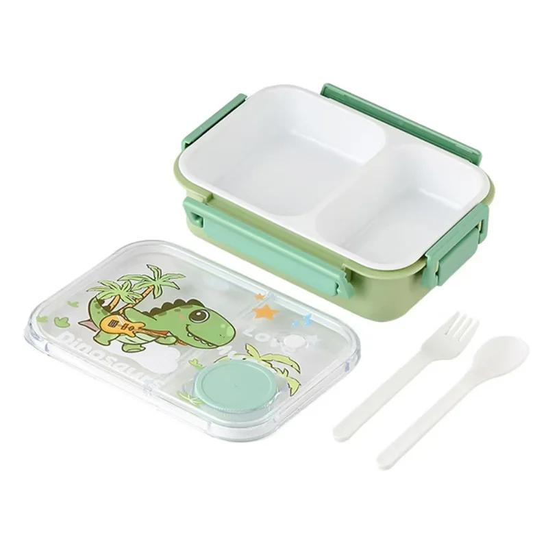 Милый ланч-бокс для детей с рисунком мультяшного динозавра, коробка для бенто с вилкой-ложкой, фруктовая коробка для пикника на открытом воздухе, контейнеры для хранения продуктов