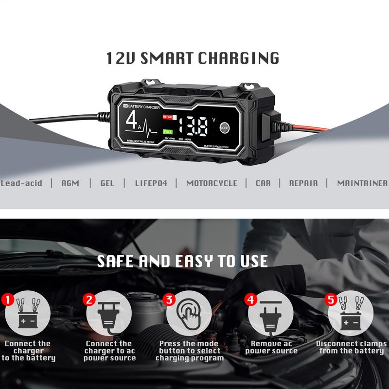 Портативное интеллектуальное зарядное устройство для автомобильного аккумулятора 12 В 4 А для мотоцикла, грузовика, автомобиля, полностью автоматическое устройство для ремонта со светодиодным дисплеем