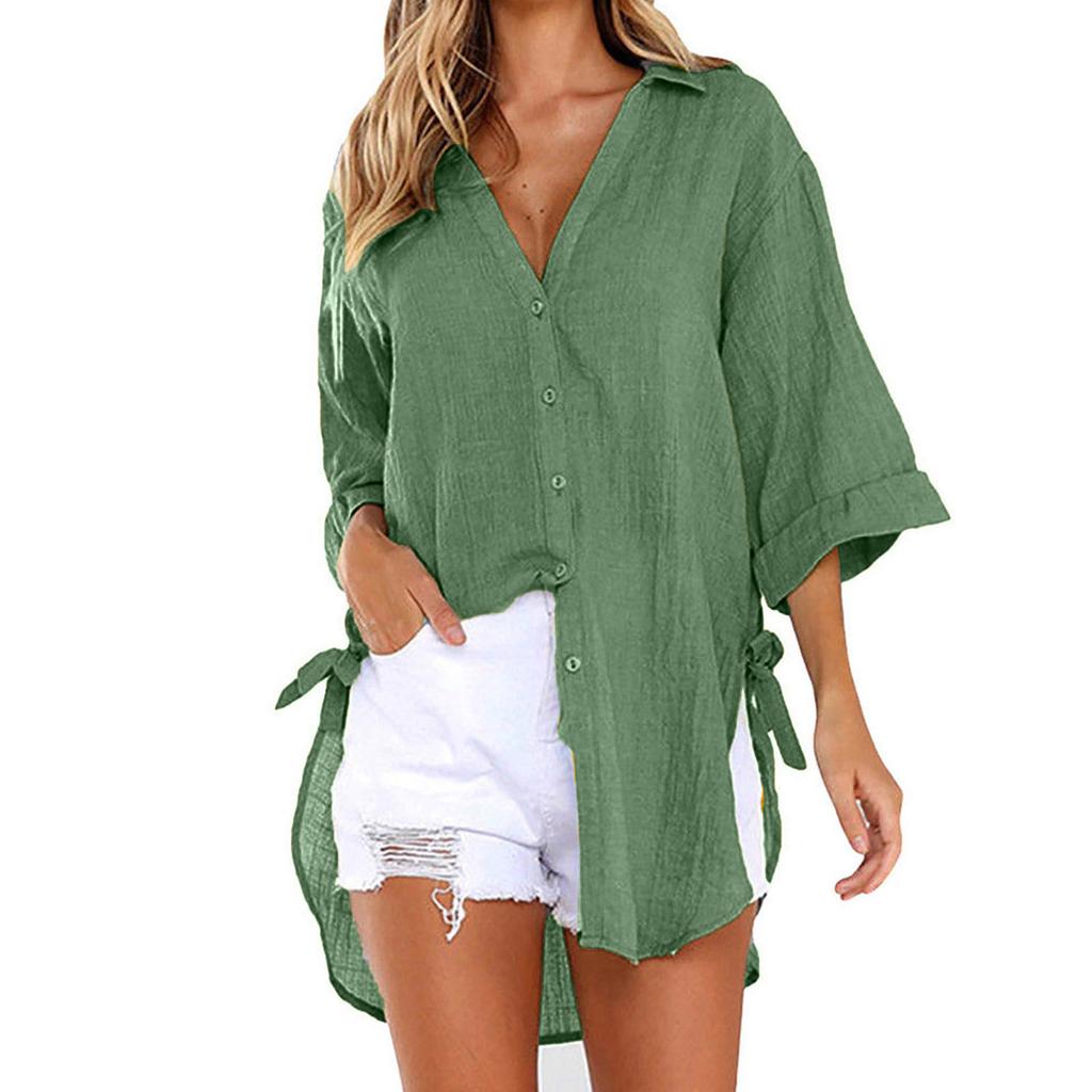 Повседневная женская рубашка с пуговицами на шнуровке и лацканами, свободная рубашка с длинным рукавом с завязками по бокам