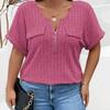 Spring and Summer New Solid Color Large Women's Top Zipper Short Sleeve Fake Pocket Pullover T-shirt Loose