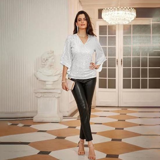 Women's Spring and Autumn Fashion Sequin Hipped Trumpet Sleeve V-neck Slim Party Pullover Top