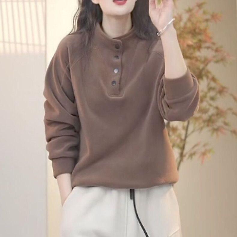 Двусторонний флис Осень/Зима Теплый Свитшот с полувысоким воротником: Повседневный, Универсальный, Стройнящий, Свободный, Большого размера однотонный топ.