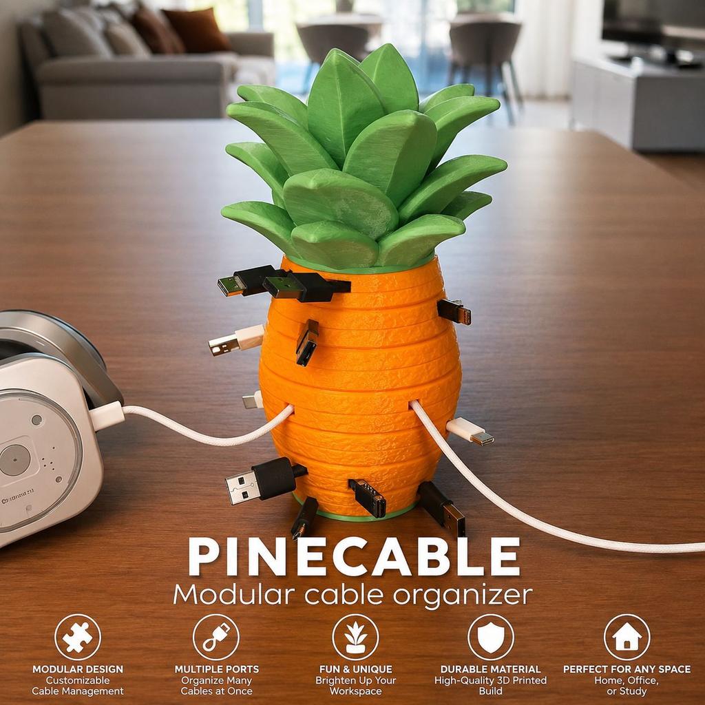 3D Printed Pineapple Cable Organizer, Modular Wire Management, Creative Desk Cord Holder for USB/Type-C/Earphone Cables, Office Decor Gift