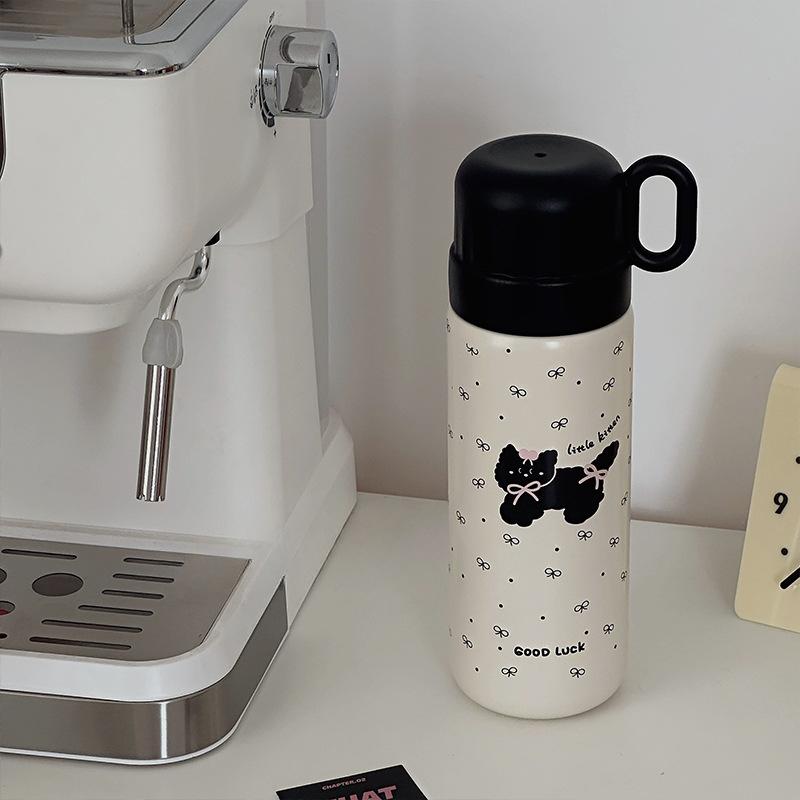 Girls Heart Student Vacuum Stainless Steel Thermos Cup Girls Bow Outdoor Thermos Cup Double Drinking Straw Water Cup