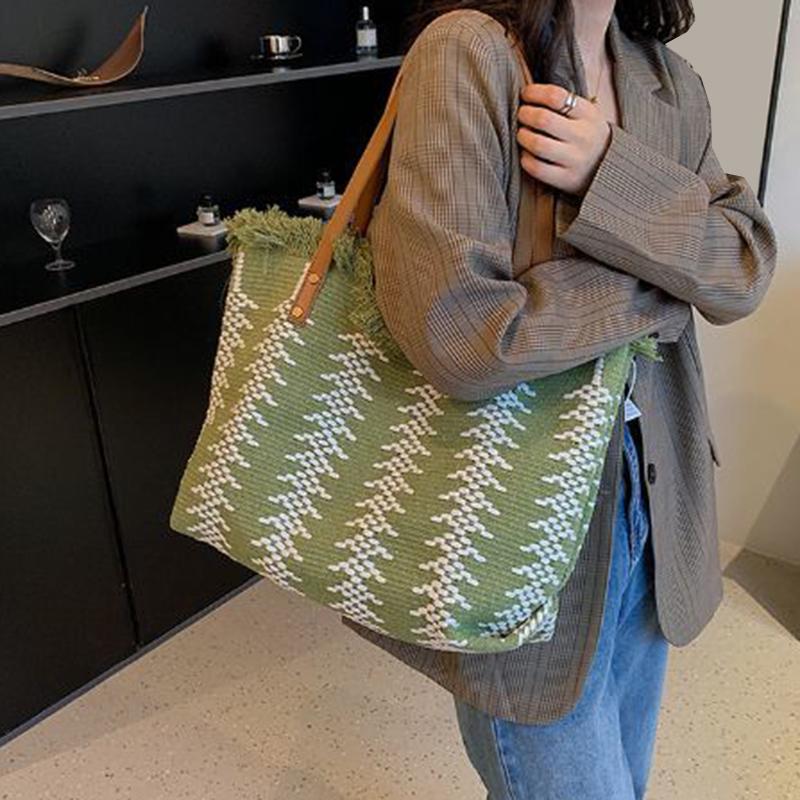 Женская летняя сумка с кисточками, большая вместительная сумка на плечо, модная вязаная пляжная сумка-тоут с ручкой сверху