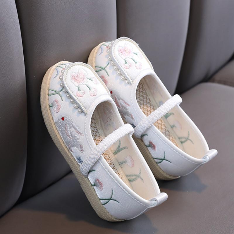 Детская традиционная обувь ханьфу в китайском стиле для девочек, вышитая цветочная обувь с кроликом, детская обувь для принцессы, танцевальная обувь на плоской подошве
