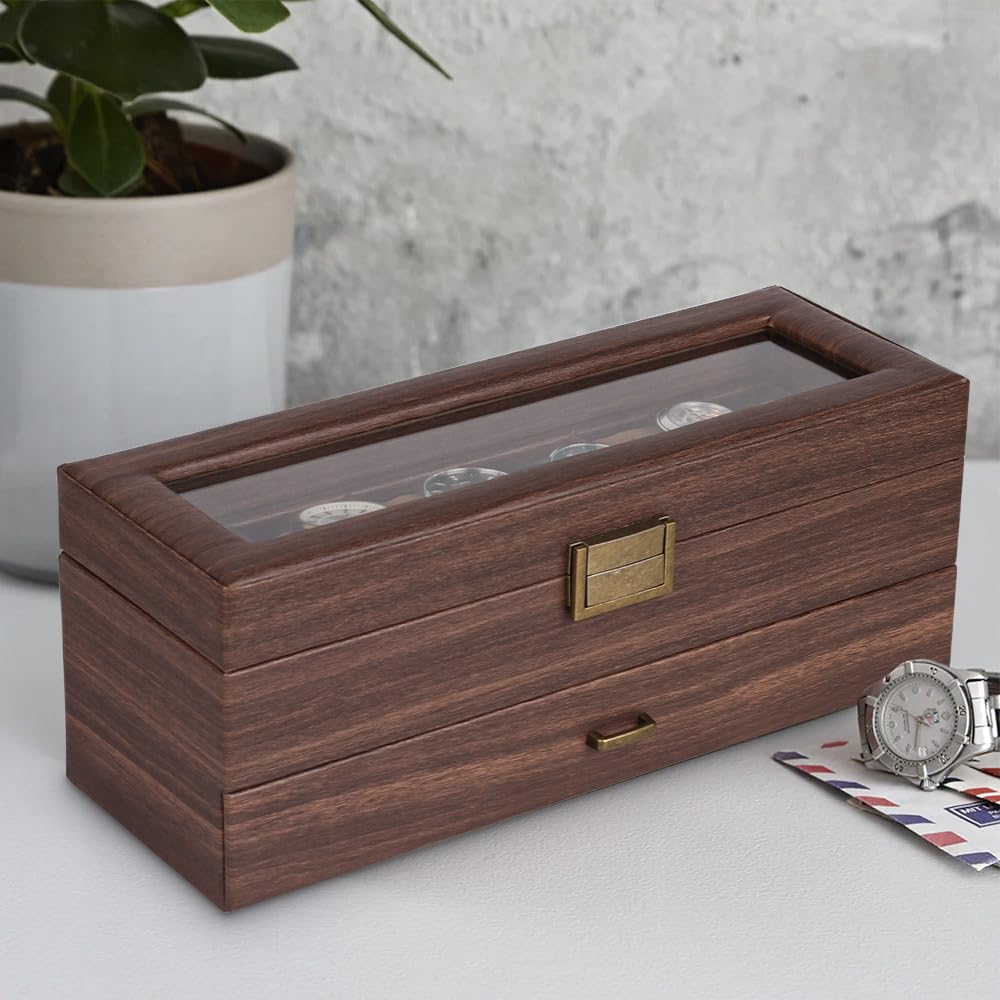 Baskiss PU Made Роскошный 2-слойный футляр для часов Коробка для хранения часов Стеклянная пластина Роскошный футляр для коллекции часов Коричневая шкатулка для ювелирных изделий Коробка для хранения часов