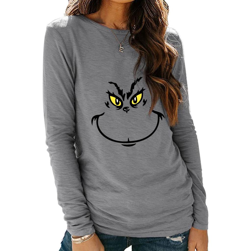 Women's Shirts Christmas Print Long Sleeve Round Neck Basic Loose Pullover Tee Top