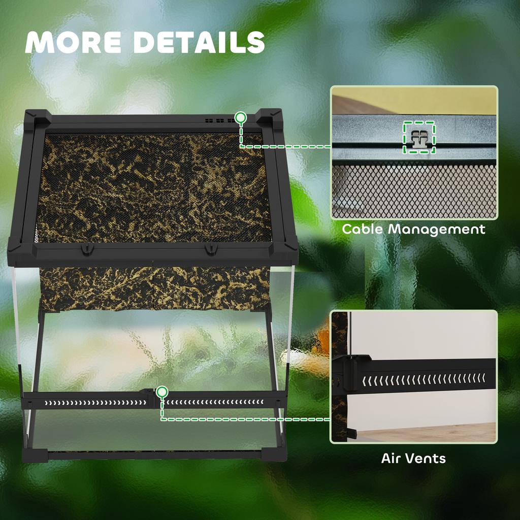 Reptile Glass Terrarium With Stone Background Front Ventilation Escape Proof Knob Lock 30 X 30 X 30 Cm Black