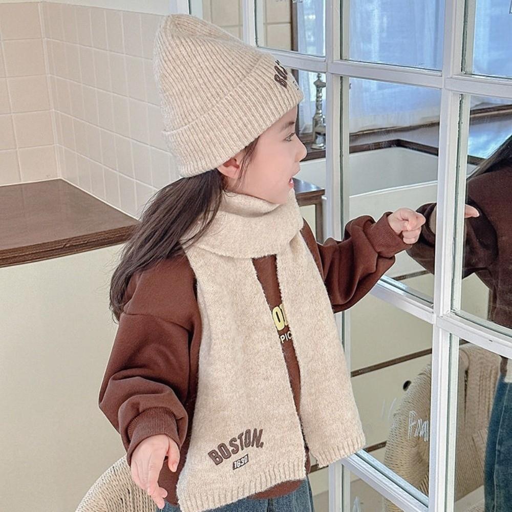 BOSTON Embroidery Scarf Hat Set Windproof Ear Protection Hat New Beanie Hat  For 2-8Y