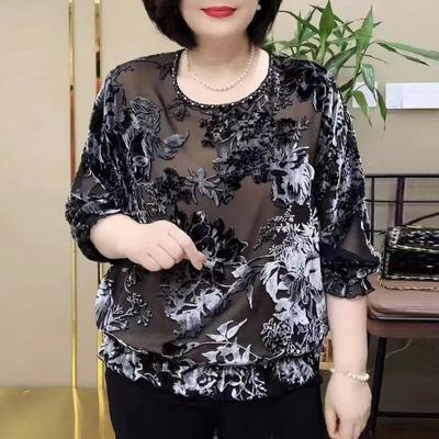Женская шелковая блузка высокого класса, бархатная, с бисерной отделкой, с принтом, бархатный топ, весна и осень, свободная, больших размеров, с цветочным принтом