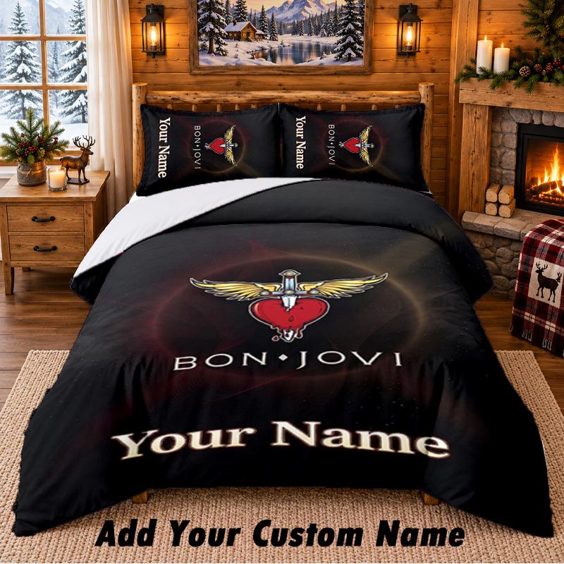 Bon Jovi Pattern Bedding 3Pcs Set Custom Name, Bed Sheet And Pillowcases For Home Bedroom