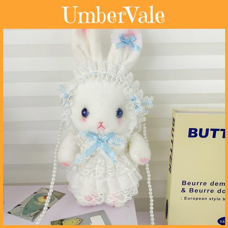 Plush Rabbit Lolita Shoulder Bag With Lace Bow Design And Faux Pearl Shoulder Strap For Daily Use