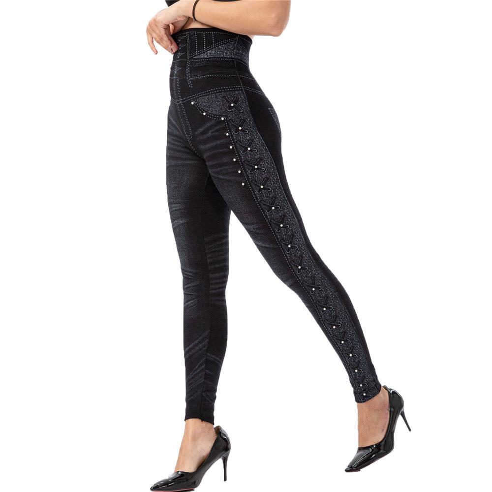 Skinny Workout Leggings Pencil Pants Female Faux Denim Bead Design Running Leggins Slim High Waist Elastic Seamless