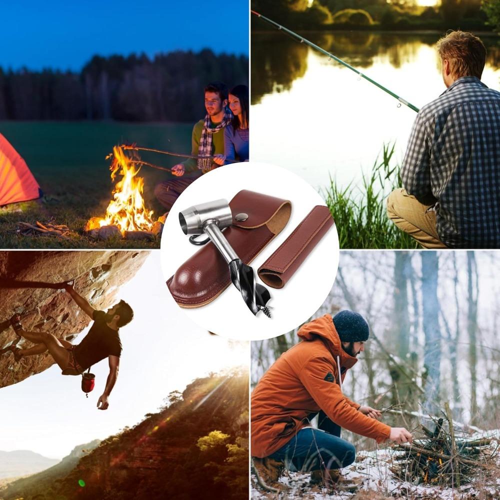 Survival Settlers Tool Bushcraft Hand Auger Wrench Scotch Eye Wood Drill Manual Drill Wrench Bushcraft Survival Tool with Leather Pouch and Hook