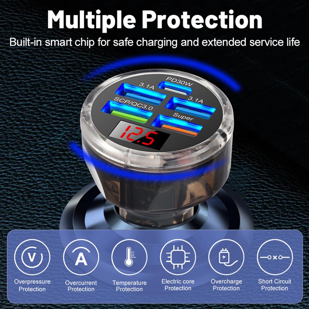 Автомобильное зарядное устройство USB с 5 портами, цифровой дисплей, 4 USB + Type-C PD 30 Вт/QC3.0, адаптер прикуривателя для iPhone Xiaomi Huawei Samsung