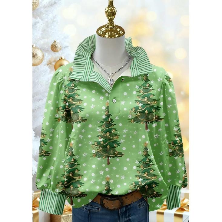 Женская блузка в ретро-рождественский узор - отложной воротник, длинный рукав, свободный повседневный силуэт, праздничный топ с принтом елки, подходит для осени/зимы