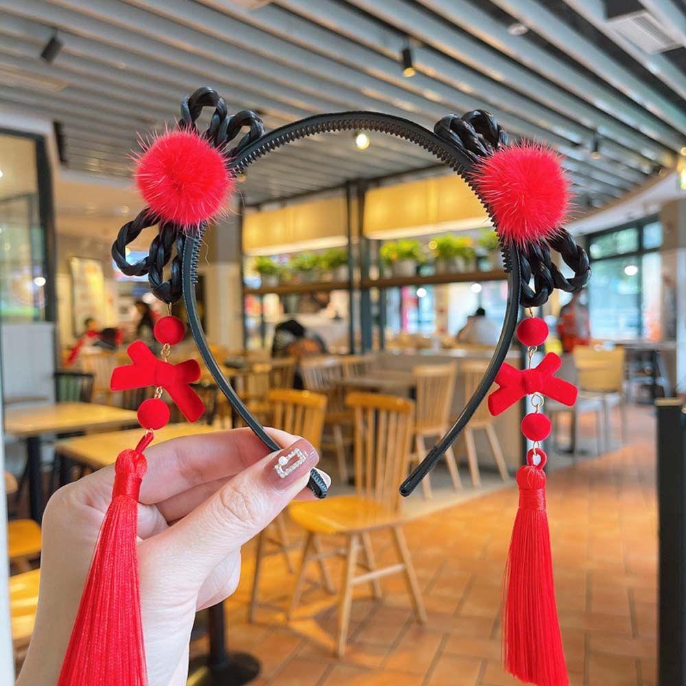 Elastic Cute Girls Pearl Bow Pigtail Wig Flower New Year Headress Children's Headband Chinese Style Hair Band Hanfu Hair Hoop