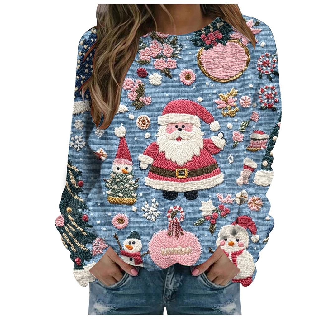 Женская рождественская толстовка с принтом Санта-Клауса, повседневная, с длинным рукавом, с круглым вырезом, новогодняя, осенняя одежда