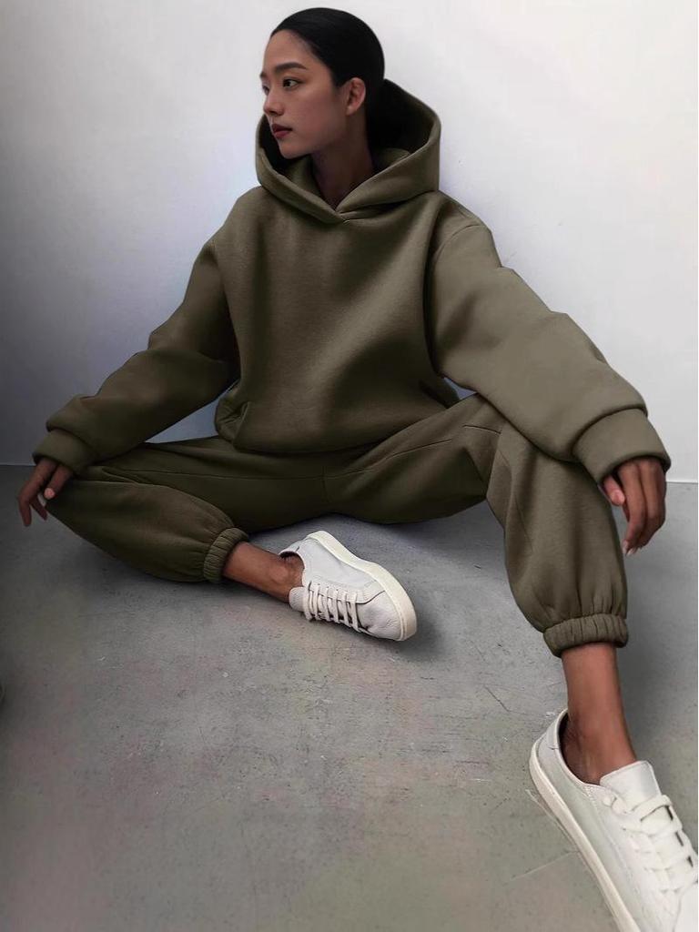 Женский однотонный повседневный утолщенный свитшот и длинные брюки, комплект из двух предметов - Коллекция Осень/Зима