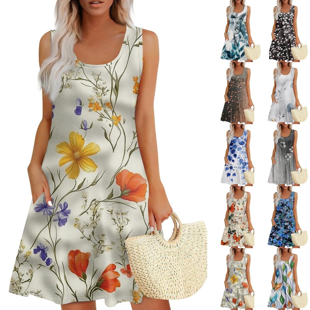 Women's Summer Casual Square Neck Floral Print Dress Sleeveless Dress With Pockets