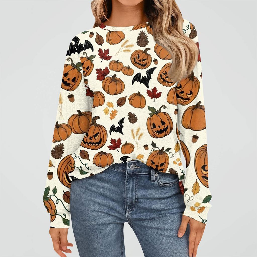 Women's Fashion Long Sleeve Shirts Loose Fitted Crewneck Basic Halloween Print Tops Casual Outfits