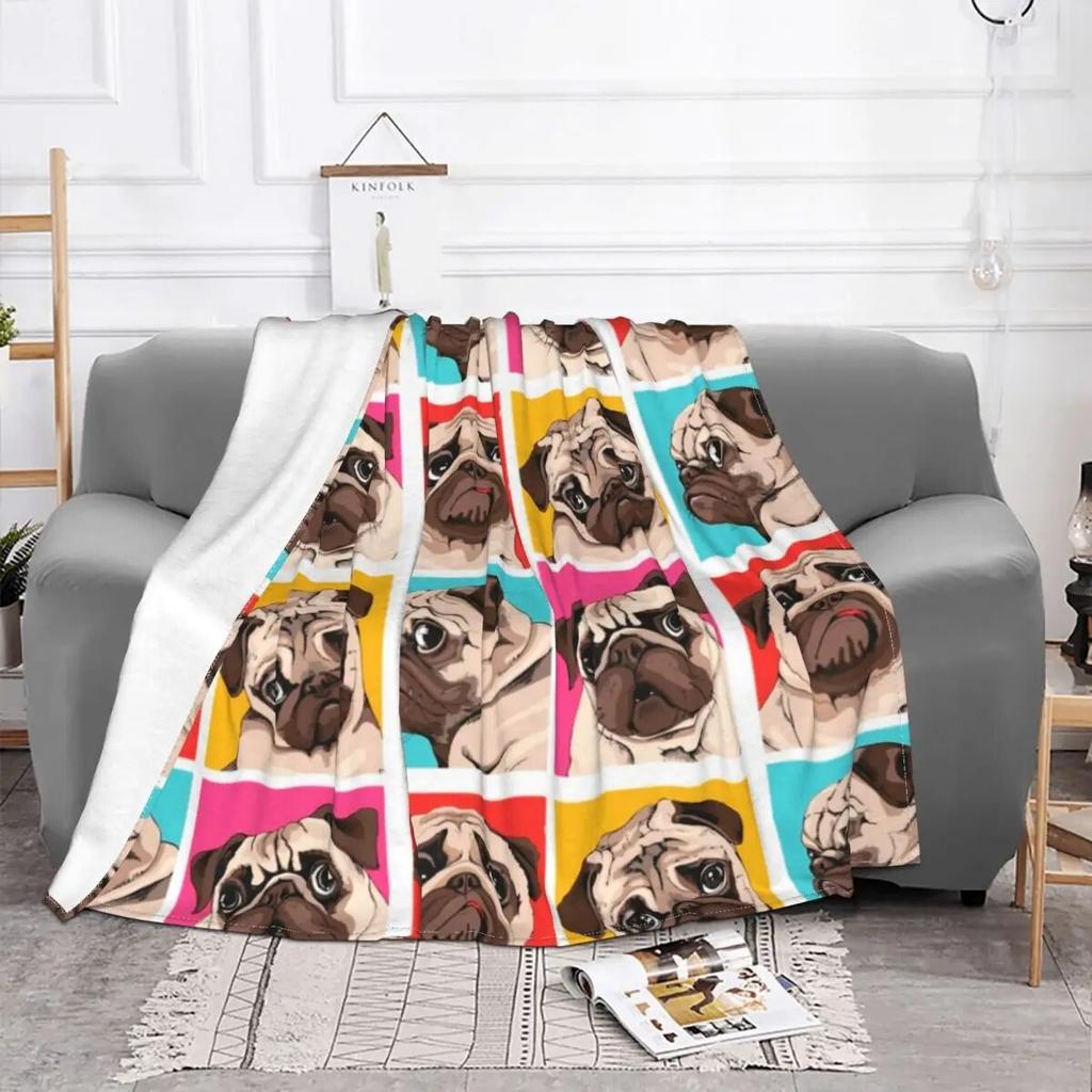 Four Portrait Of A Pugs Pop Art Style Blankets Flannel Summer Dog Thin Throw Blankets for Bedding Bedroom Bedspreads