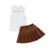 Kids Girls Skirt Set, Sleeveless Turn-down Neck Vest with Pleated Skirt Summer Casual Daily Outfit