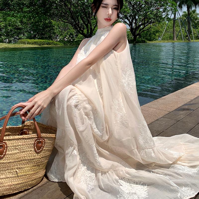 Темпераментное богемное платье миди без рукавов в приморском курортном стиле, сексуальное свободное платье миди без рукавов с висячим воротом, женское лето 2024