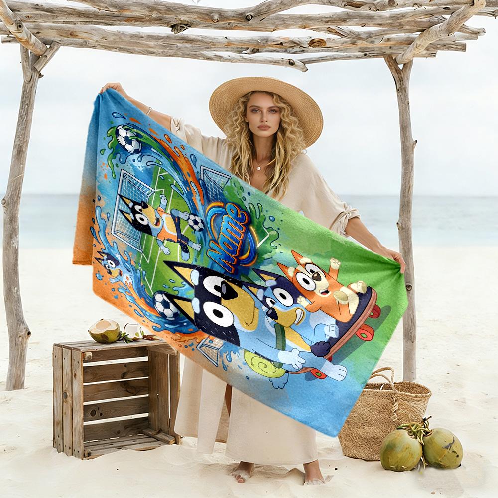 Soccer Fun Bluey Customize Your Name Beach Towel Soft Durable Quick-Dry Ideal for Travel Outdoor Swim Pool Yoga Surf Camping Hiking Gym Gift Holiday