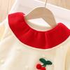 Girls' Knitted Cherry Dress – Long Sleeve Warm Sweater Dress with Ruffled Collar
