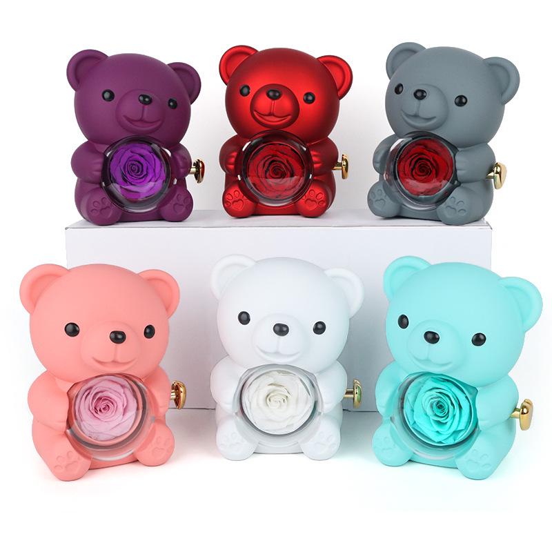 Hugging Bear Preserved Rose Gift Box with Necklace & Ring
